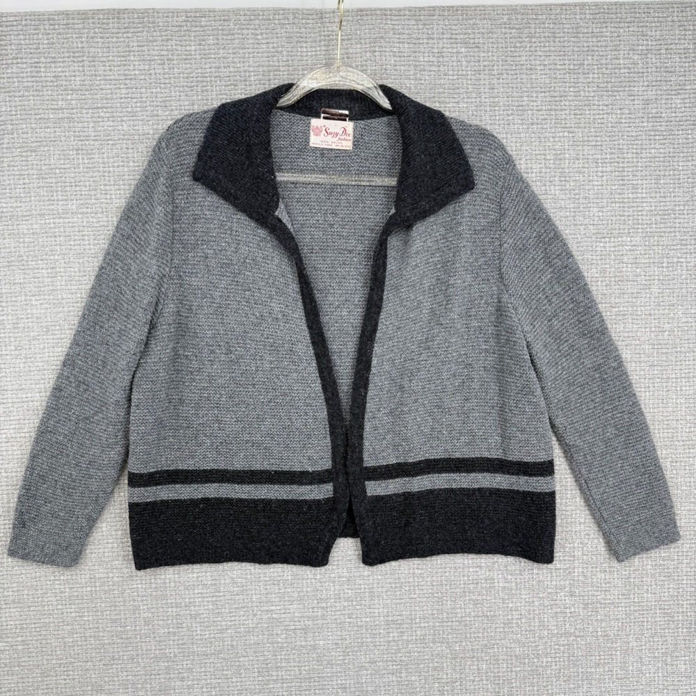 Vtg Suzy Dee Sweater Blazer Gray Orlon Acrylic Knit‎ Womens Sz L ASO Preppy